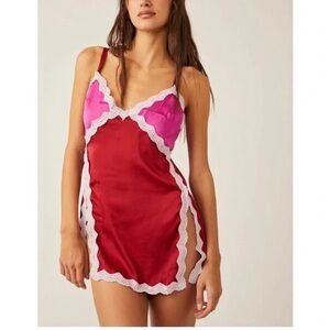 Free People Red and Pink Lace On The Rise Slip Dress